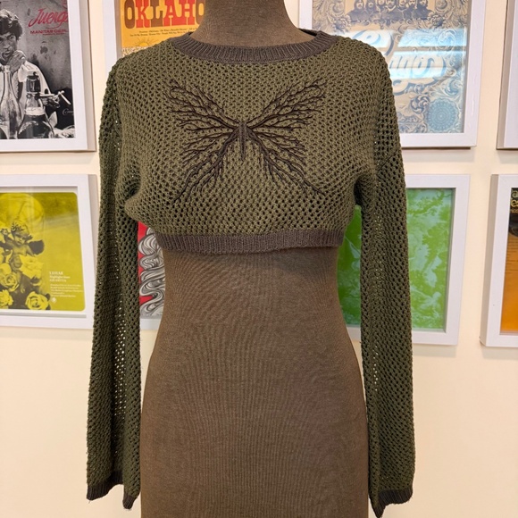 Olive Green Mesh Crochet Knit Cropped Butterfly Sweater - Picture 1 of 8